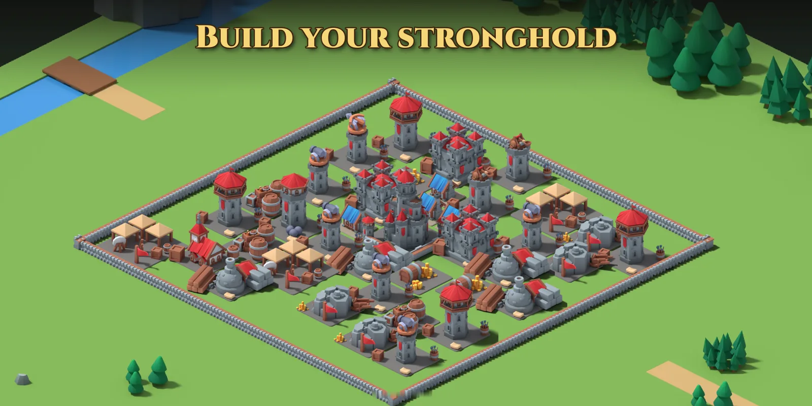 Build your stronghold: a walled medieval base with towers and a castle