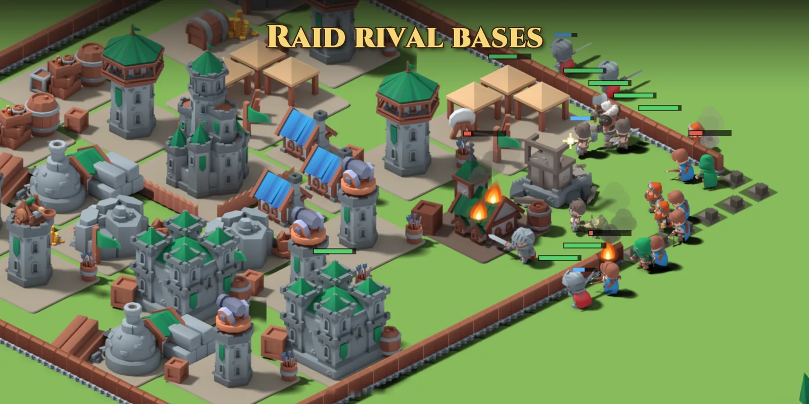 Raid rival bases: troops break through a wall as buildings burn